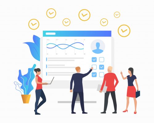 Managers looking at chart on monitor. Personal productivity, competence, candidate. Productivity concept. Vector illustration can be used for topics like headhunting, human resources, business